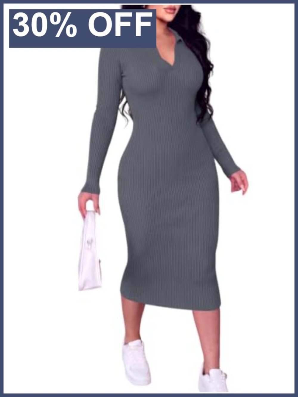 Ribbed Knit Long Sleeve Midi Bodycon Dress Collared V-Neck